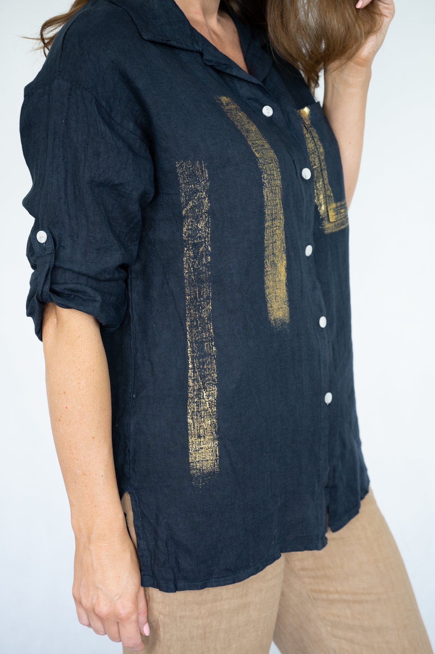 Navy Gold Brush Linen