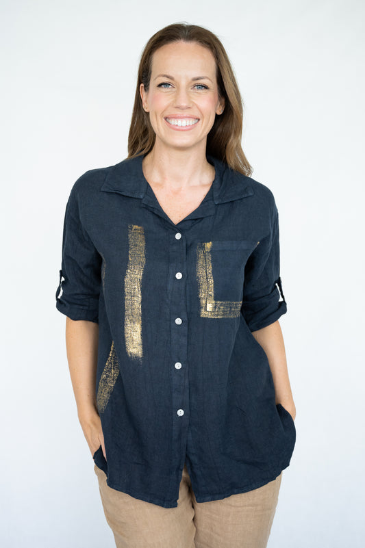 Navy Gold Brush Linen